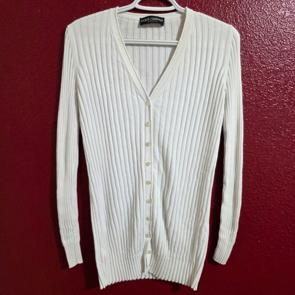 Dolce & Gabbana Vintage 42 Cardigan White Ribbed Knit V-Neck Button Front Italy